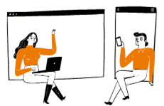 Dessin représentant deux personnes utilisant un ordinateur ou une tablette numérique, pour symboliser le digital learning