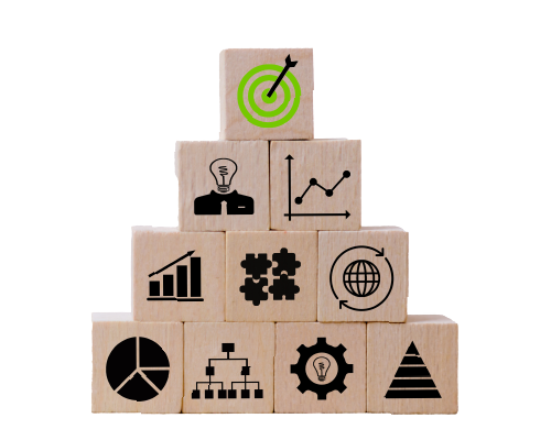 Cubes disposés en pyramide, avec des illustrations suggérant l'idée de modèle économique soutenable et de développement durable.